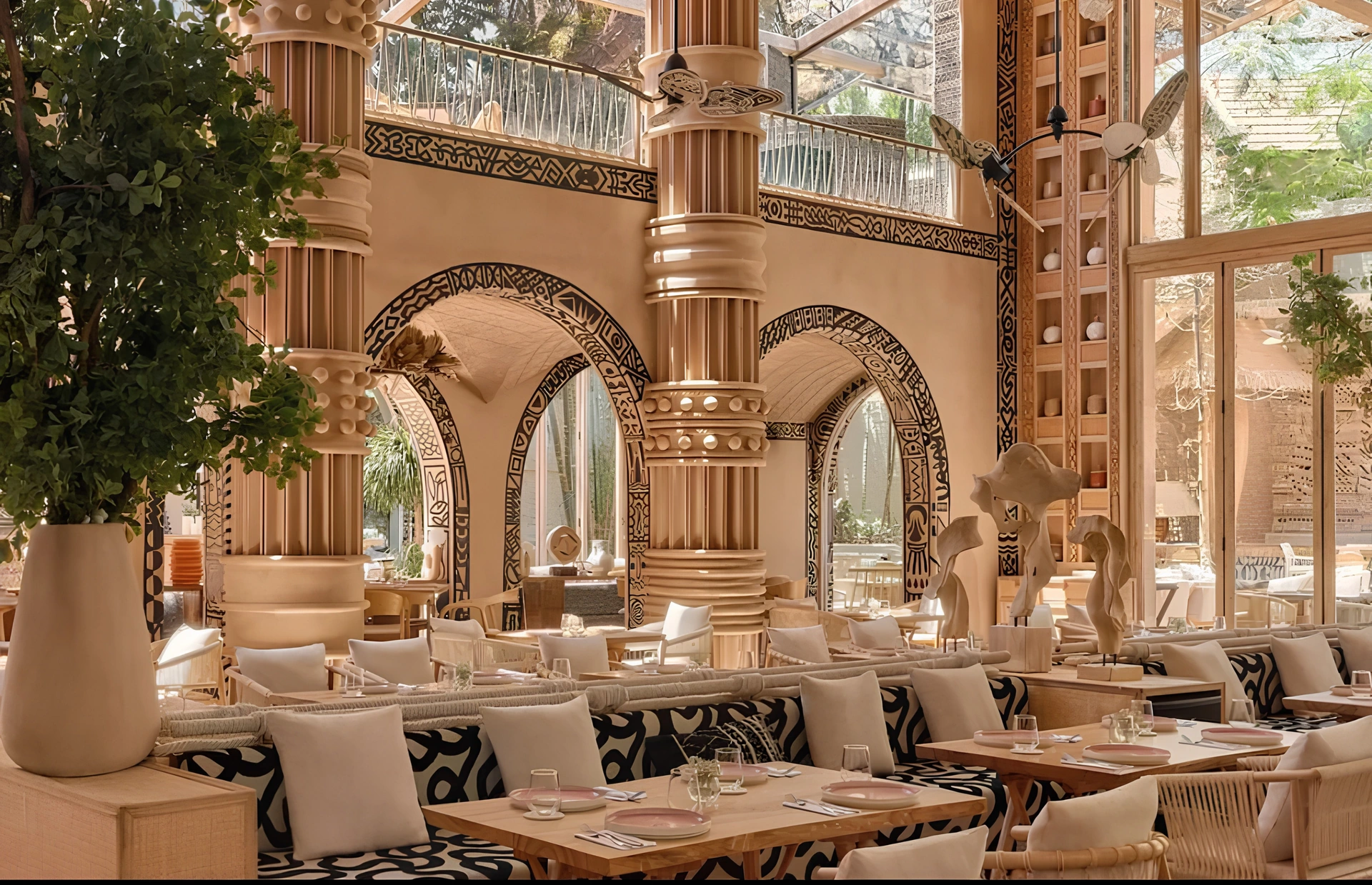 Double-height restaurant dining room with tall arches, warm mineral surfaces and indoor trees
