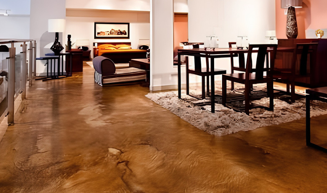 Warm brown acid-stained concrete floor flowing through an open-plan living and dining room