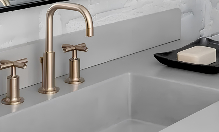 Seamless grey sink and countertop with brushed brass taps