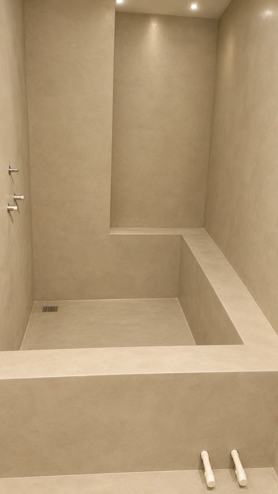Warm beige shower enclosure after microcement finishing with continuous walls, a built-in ledge and recessed floor drain